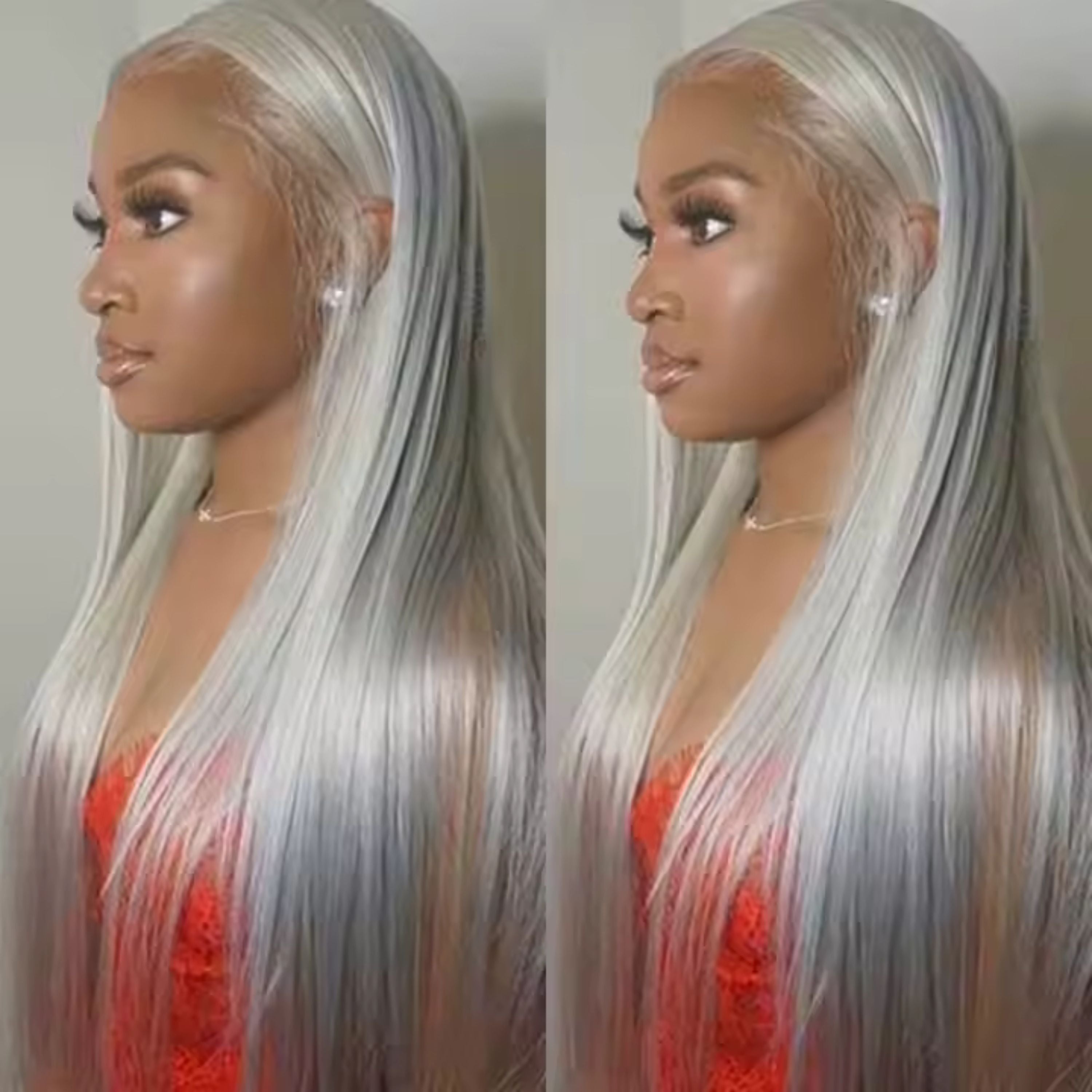 Perruque Lace Front 13x4 Remy Brésilienne, Cheveux Humains Lisses, Gris Argenté, Pré-dégarnie, Longue