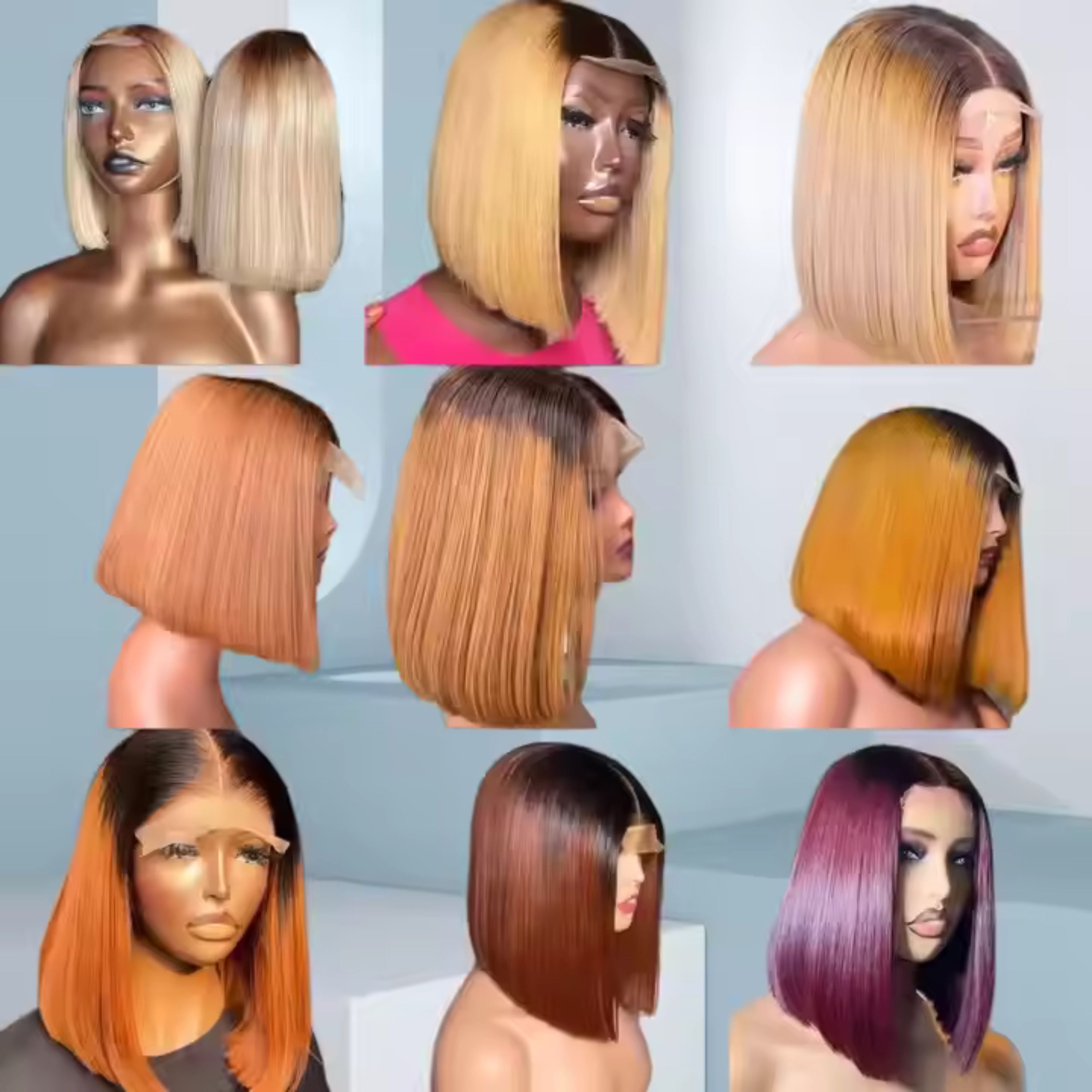 Perruque bob lisse à double tissage avec cheveux humains lisses 13/4 250%densité