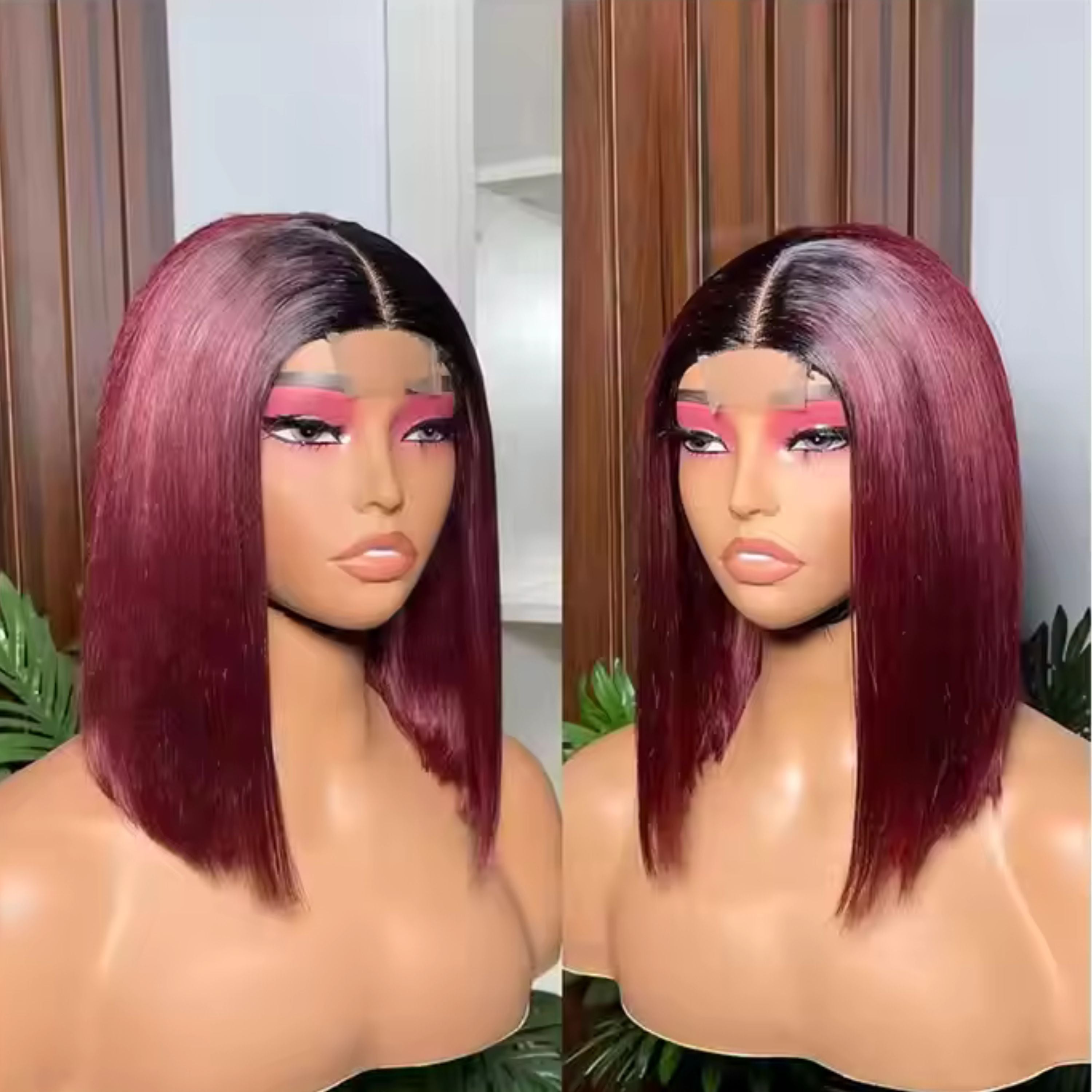 Perruque bob lisse à double tissage avec cheveux humains lisses 13/4 250%densité