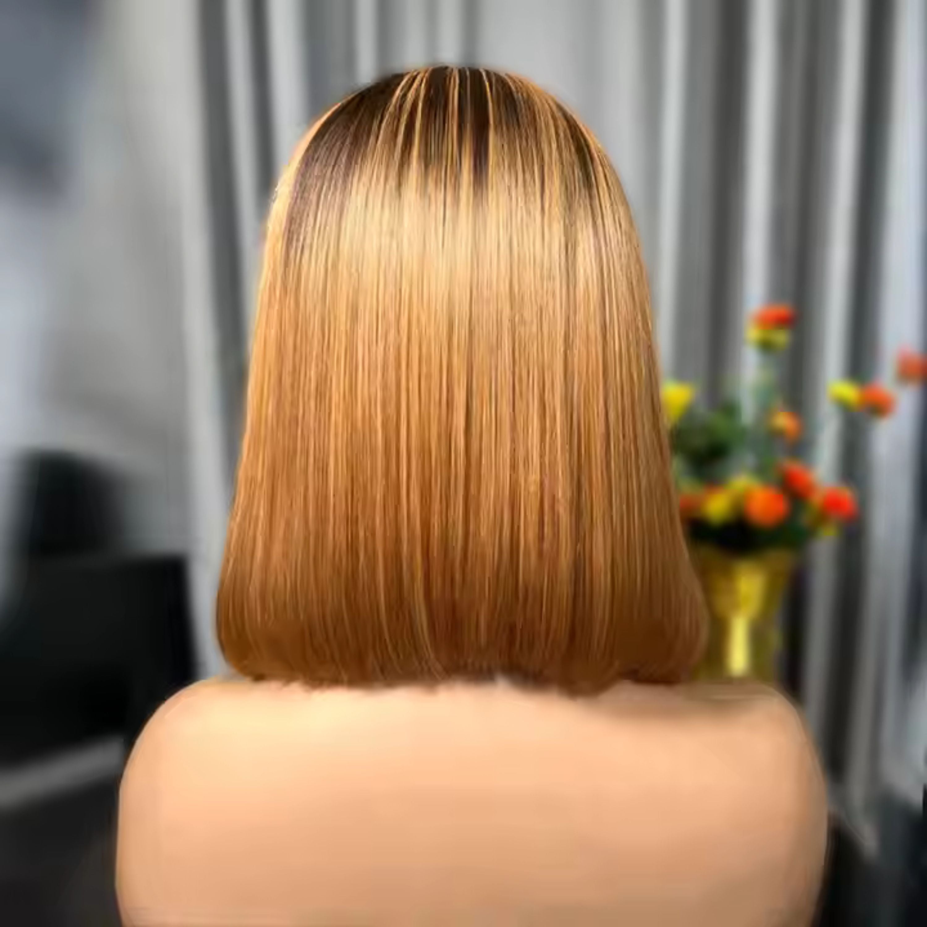 Perruque bob lisse à double tissage avec cheveux humains lisses 13/4 250%densité