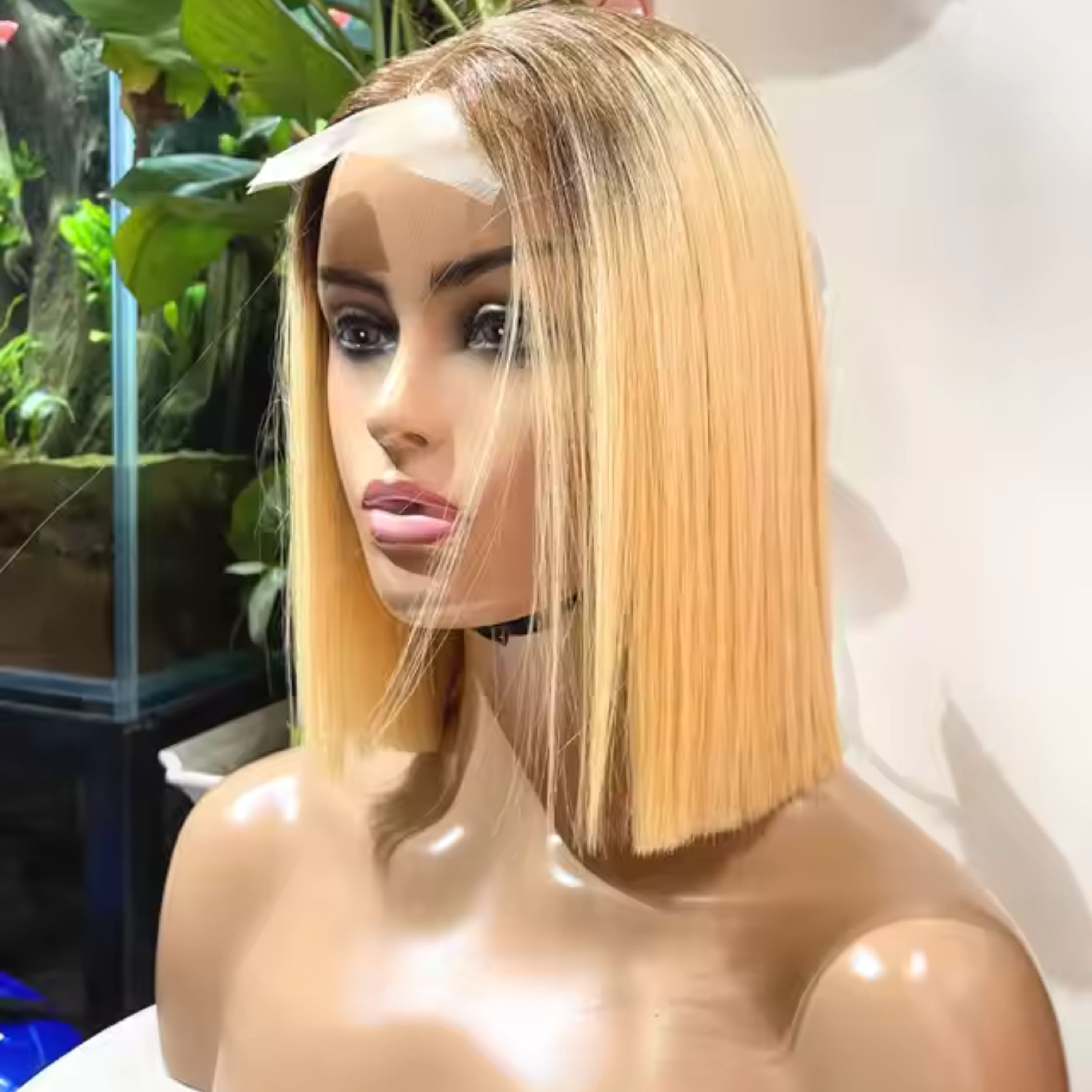 Perruque bob lisse à double tissage avec cheveux humains lisses 13/4 250%densité
