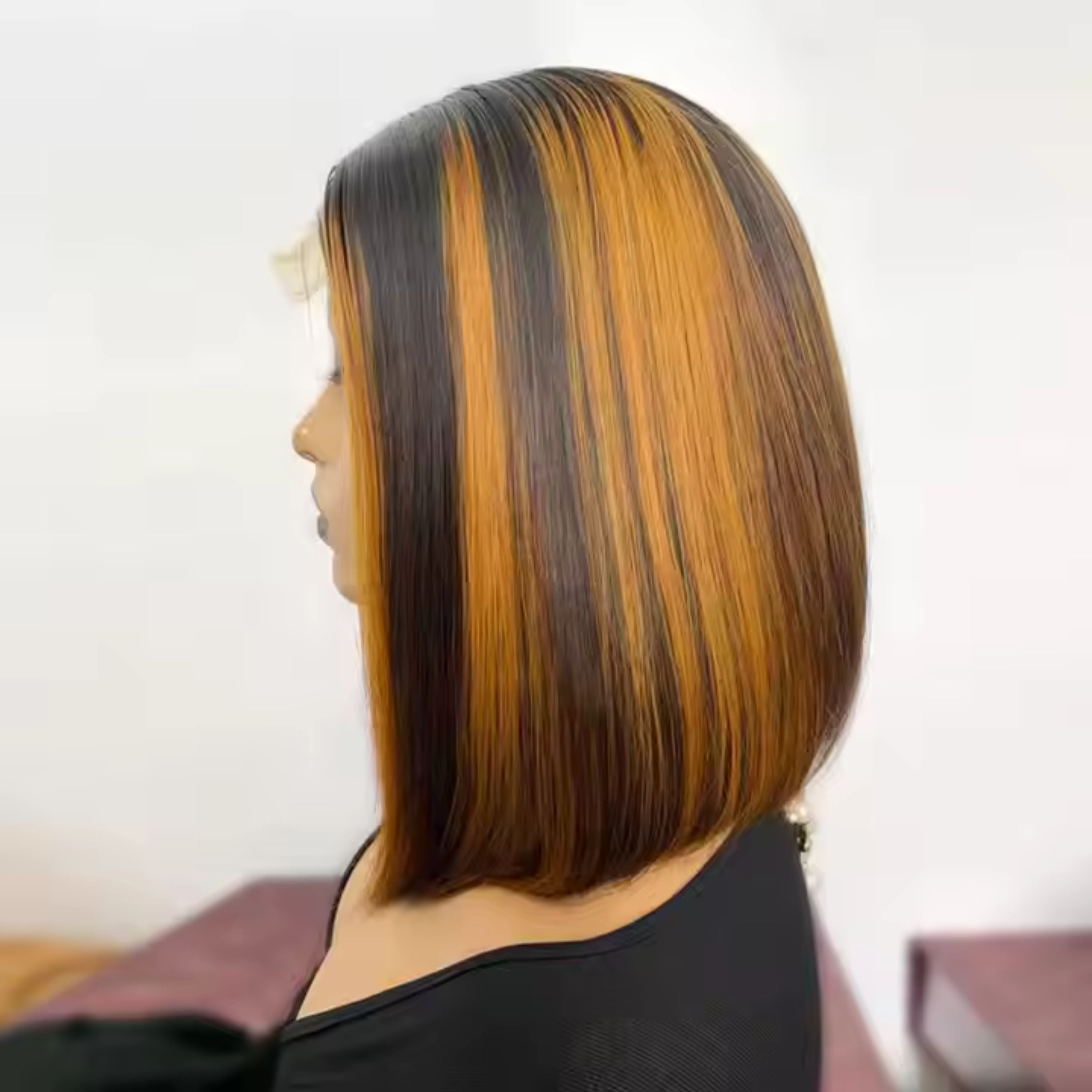 Perruque bob lisse à double tissage avec cheveux humains lisses 13/4 250%densité