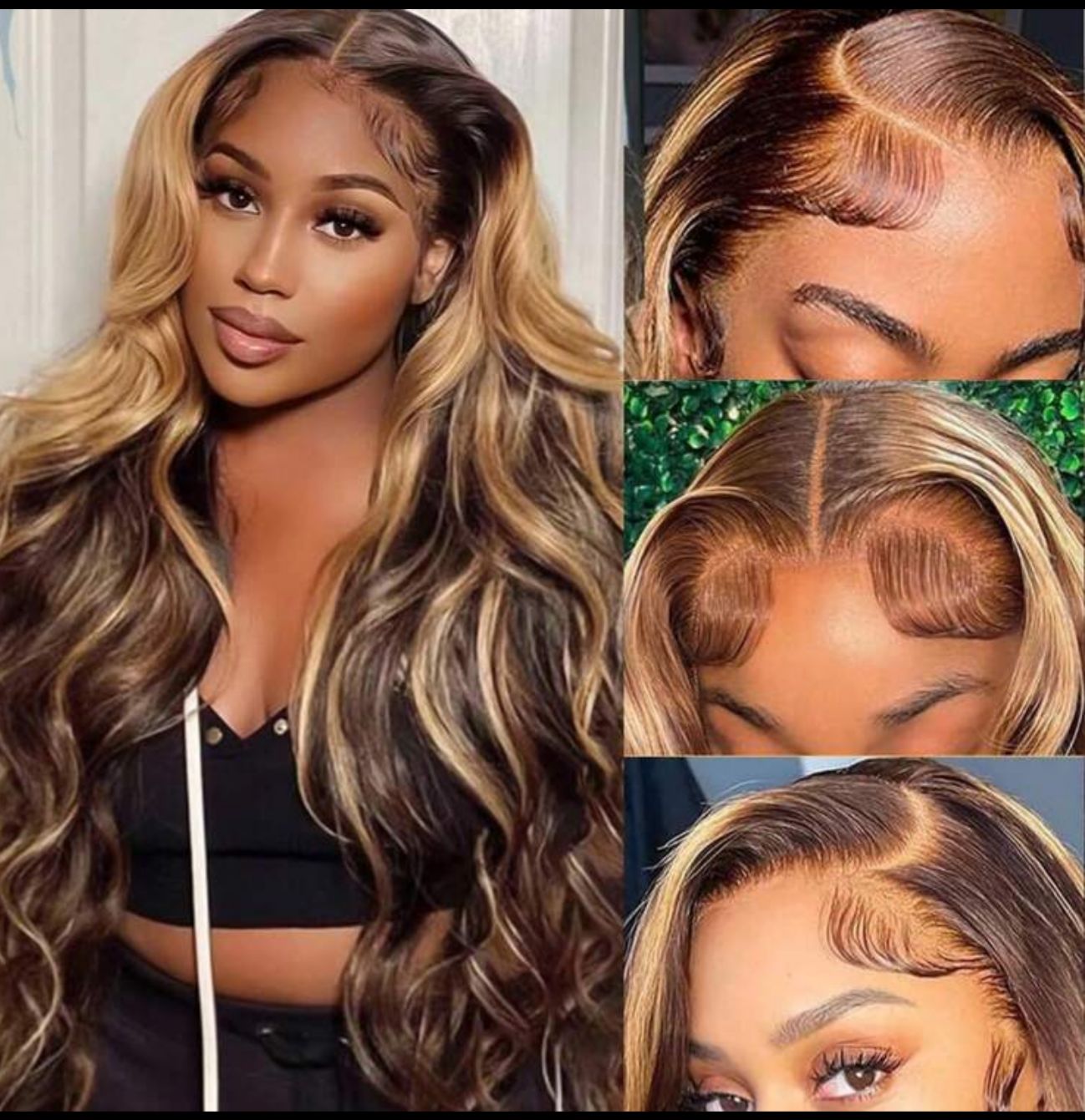 Cheveux humains, dégradé brun, dentelle frontale pre-plukée, mélange de cheveux humains (perruque au carré 32’’ 13/4